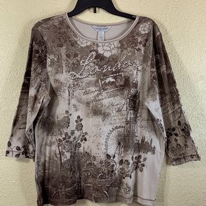 Christopher & Banks Knit Top Blouse Brown Tan Cream London Stretchy Pullover